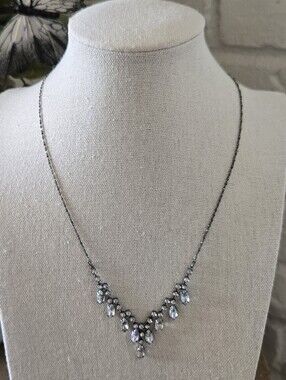 Vtg Delicate Silver Plated Teardrop Rhinestone  Necklace By Avon, Chevron, Party